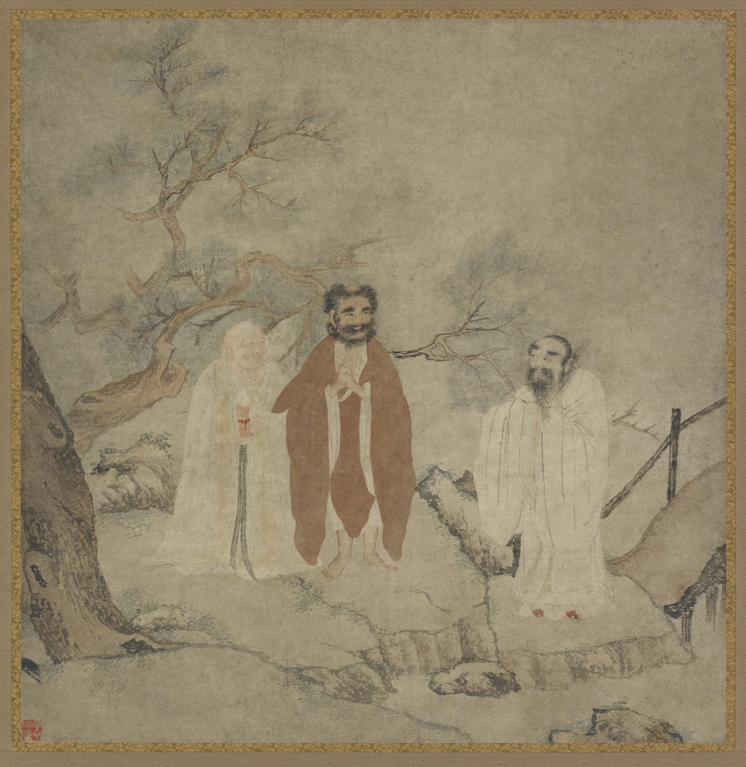 illustration of 3 men in robes in a garden