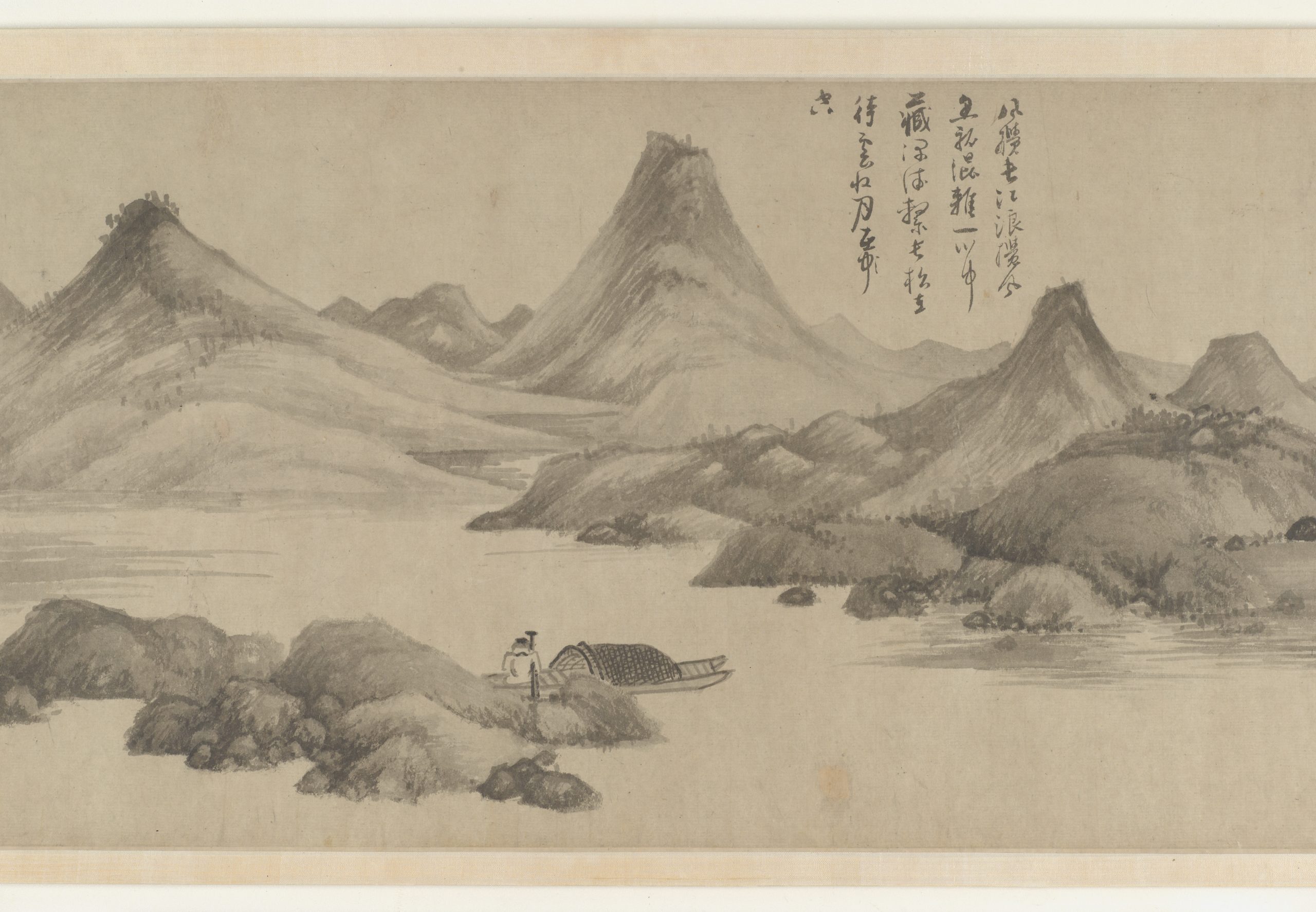 illustration of a man fishing on a lake surrounded by moutains