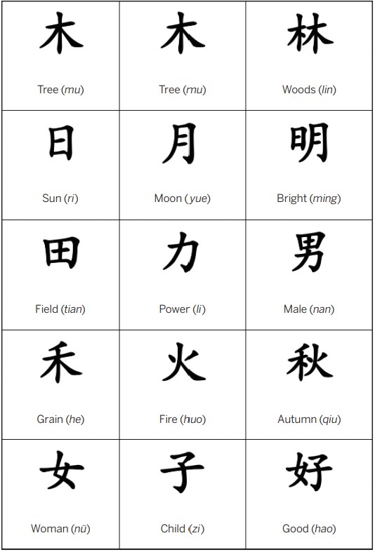 A chart of chinese characters with their meanings